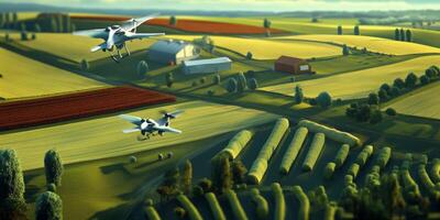 Aerial View of Drones Over Colorful Agricultural Fields with Rolling Hills and Fresh Crops Under Clear Blue Sky photo