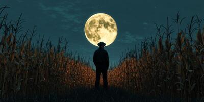 Silhouette of a Farmer Standing in a Cornfield Under a Bright Full Moon at Night with Starry Sky photo