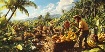 Vibrant Tropical Landscape with Farmers Harvesting Fresh Fruits, Lush Greenery and Palm Trees in a Scenic Mountain Setting Under Bright Blue Sky photo