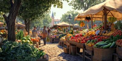 Vibrant Open-Air Market Scene with Colorful Fresh Produce, Vendors, and Shoppers Surrounded by Lush Green Trees and Historic Architecture photo