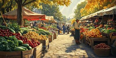 Vibrant Outdoor Farmers Market Scene with Fresh Produce, Colorful Vegetables, and Warm Lighting on a Sunny Autumn Day photo