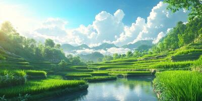 Lush Green Terraced Rice Fields at Sunrise with Dramatic Cloudscape and Reflections in Calm Water Surrounded by Majestic Mountains in Scenic Landscape photo