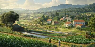 Serene Landscape of a Agricultural Farm with Villagers Working in Green Fields under a Bright Sky and Gentle Rolling Hills in the Background photo