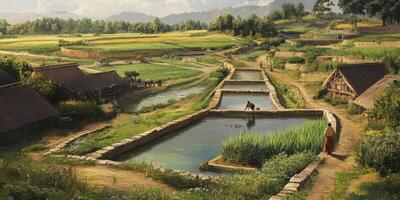 Tranquil Rural Landscape with Lush Green Fields, Streams, and Traditional Houses Surrounded by Mountains Under a Blue Sky photo