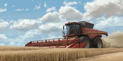 Detailed Harvesting Scene with a Red Combine Harvester Working in a Golden Wheat Field Under a Bright Blue Sky with Fluffy White Clouds photo