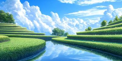 Lush Green Terraced Rice Fields Under Bright Blue Sky with Fluffy White Clouds and Serene River Flowing Through Idyllic Landscape photo