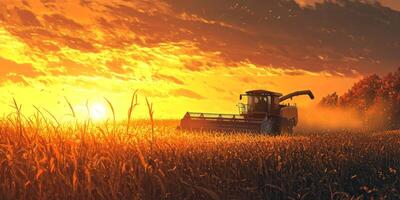 Harvester Operating in Golden Fields at Sunset with Vibrant Skies and Rural Landscape for Agriculture and Farming Background Use photo