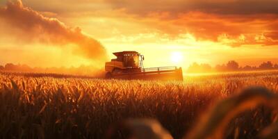 A Combine Harvester at Work in a Lush Cornfield Under a Vibrant Sunset Sky with Stunning Orange and Yellow Hues photo