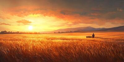 Serene Sunset Over Golden Wheat Field with Silhouette of Farmer and Cart in Rural Landscape, Capturing Peaceful Agricultural Scene in Nature photo
