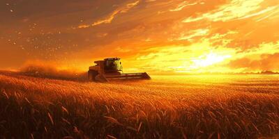 Sunset Over Wheat Field with Harvester, Golden Sky, Agriculture Machinery, Rural Landscape, Farming Equipment, Cropping Process, Harvest Season photo