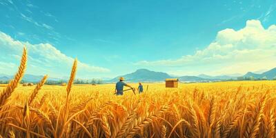 Scenic Rural Landscape with Farmers Harvesting Golden Wheat Under a Bright Sky Featuring Lush Mountains and Vibrant Fields in Summer photo