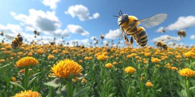 Vibrant Bees in a Sunlit Flower Field During Springtime with Colorful Blossoms and Clear Blue Sky Capturing Nature's Beauty and Pollination Process photo