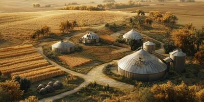 Aerial View of Rural Farm Landscape with Silos, Fields, and Autumn Foliage Under Soft Morning Light in a Tranquil Countryside Setting photo