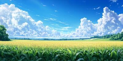Vibrant Green Cornfield Under a Bright Blue Sky with Fluffy White Clouds and Scenic Rolling Hills in the Background photo