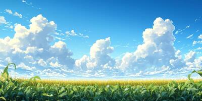 Vibrant Blue Sky Over Lush Green Field with Fluffy Clouds and Golden Wheat Underneath in a Peaceful Natural Landscape Setting photo