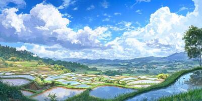 Serene Landscape of Lush Green Terraced Rice Fields Under a Bright Blue Sky with Fluffy Clouds and Rolling Green Hills in the Distance photo