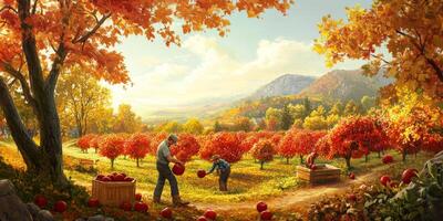 Autumn Harvest Scene in Orchard with Workers Collecting Apples Surrounded by Vibrant Fall Foliage and Scenic Mountain View photo