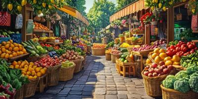 Vibrant market scene showcasing a colorful array of fresh fruits and vegetables arranged in wicker baskets under sunny skies and leafy greenery photo
