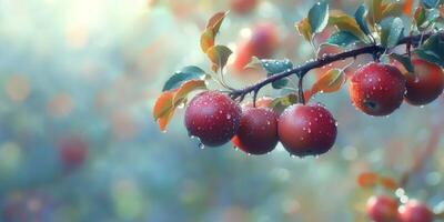 Fresh Red Apples on Branch with Raindrops Glistening in Soft Light, Natural Setting, Beautiful Bokeh Background, Vibrant Color Palette, Nature's Delight photo