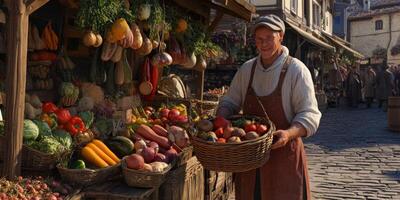 Vibrant Farmer Displaying Freshly Harvested Produce at a Traditional Market in a Charming Village Setting photo