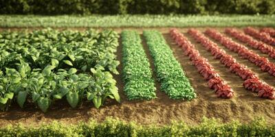 Lush Green Vegetable Rows on Agricultural Field with Vibrant Colors, Showcasing Lively Growth of Fresh Produce in a Beautiful Landscape photo