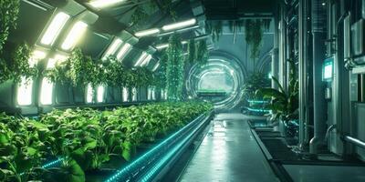 Futuristic Indoor Hydroponic Garden with Lush Green Plants and Advanced Technology in a Sci-Fi Environment photo