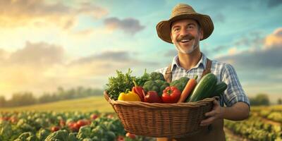Happy farmer holding a basket of fresh vegetables in a vibrant field under sunny sky, showcasing agriculture and healthy lifestyle in rural setting photo