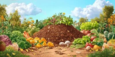 Vibrant Garden Scene with Rich Compost Pile Surrounded by Fresh Vegetables and Lush Greenery under a Bright Blue Sky with Fluffy Clouds photo