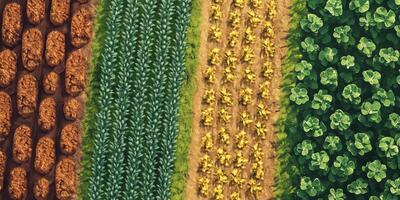 Aerial View of Diverse Agricultural Fields Showing Rows of Crops, Different Soil Textures and Green Foliage Under Bright Natural Light photo