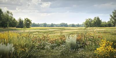 Serene Meadow Landscape Surrounded by Lush Greenery and Wildflowers Under a Dramatic Cloudy Sky in a Tranquil Natural Environment photo