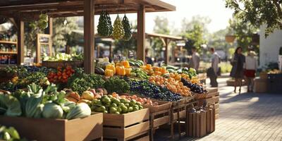 Fresh Organic Produce at a Vibrant Farmers Market with Colorful Fruits and Vegetables Displayed in Wooden Stalls Surrounded by Shoppers and Nature photo