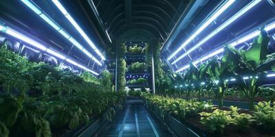 Futuristic Indoor Vertical Farm with Advanced Technology and Lush Greenery, Showcasing Innovative Hydroponic Systems for Sustainable Agriculture photo