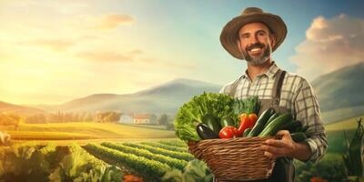 Smiling farmer holding a basket of fresh vegetables in front of a picturesque landscape with fields and mountains during a beautiful sunrise photo