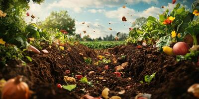 Lush Agricultural Landscape with Colorful Vegetation and Earthy Soil Under a Bright Sky Capturing Nature's Bounty in Rural Farming Scene photo