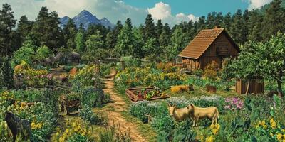 Serene Countryside Farm with Vibrant Flowers, Grazing Cows, and Lush Greenery Surrounded by Majestic Mountains Under a Clear Blue Sky photo