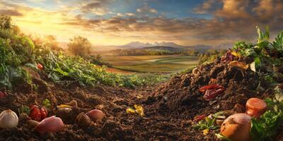 Vibrant Harvest Scene at Sunset with Lush Fields and Fresh Vegetables Among Rich Soil in a Scenic Agricultural Landscape photo