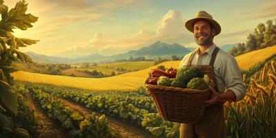 Smiling Farmer Holding Fresh Produce Basket in a Vibrant Agricultural Landscape with Lush Green Fields and Majestic Mountains in the Background photo