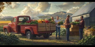 Community Harvest in a Scenic Landscape with Vintage Truck and Fresh Vegetables Gathered by Farmers in Rural Farm Setting photo