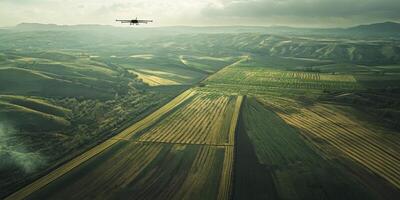 Drone Flying Over Lush Green Fields and Rolling Hills in a Scenic Landscape Capturing Agriculture and Nature's Beauty at Twilight photo