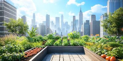 Urban Rooftop Garden with Lush Vegetables, Skyline City View, Towering Buildings, Clear Sky, Sustainable Living Concept, Gardening in the City photo