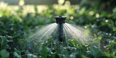 Close-up of a Garden Sprinkler Watering Vibrant Green Grass with Sunlight Glimmering on Water Droplets Creating a Refreshing Outdoor Atmosphere photo