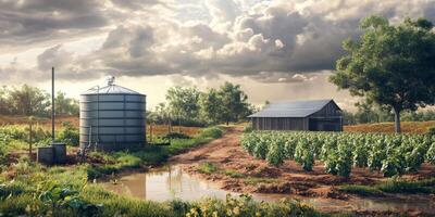 Serene Rural Landscape Featuring Barn, Silos, and Lush Green Fields Under Dramatic Cloudy Sky with Sunlight Breaking Through photo