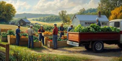 Farmers Harvesting Fresh Vegetables in a Scenic Countryside Setting with Rustic Farms and Abundant Produce Gathered Around a Vintage Truck photo