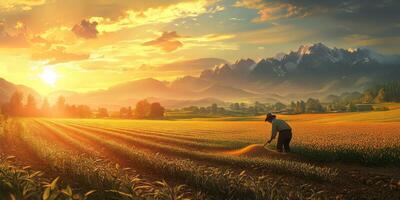 Vibrant Sunset Over Agricultural Landscape with Farmer Tilling Soil in Fields Surrounded by Majestic Mountains and Lush Greenery photo