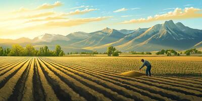 Farmer Harvesting Potatoes in Scenic Landscape with Mountains and Beautiful Sunset Over Agricultural Fields photo