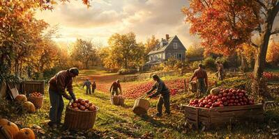 Harvest Season in Autumn Orchard with Farmers Collecting Apples near Country House Surrounded by Vibrant Fall Colors and Bountiful Fields photo