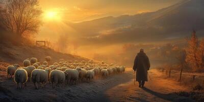 Serene Sunrise with Shepherd Leading Flock of Sheep Through Misty Valley in Autumn Landscape photo