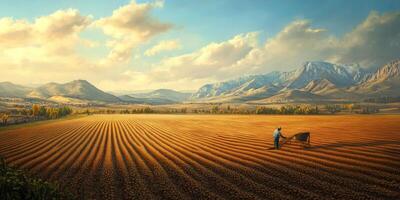 Serene Agricultural Landscape with Farmer Tilling Soil Under Sunny Sky Surrounded by Majestic Mountains and Lush Green Fields in Rural Setting photo