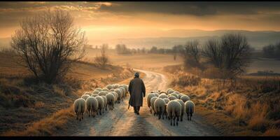 Shepherd Walking with Flock of Sheep Down a Rural Path at Sunset Surrounded by Misty Fields and Trees in Scenic Countryside Landscape photo