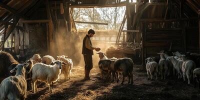 Farmer Feeding Sheep in Rustic Barn with Sunlight Beaming Through Open Doors Creating a Warm and Inviting Atmosphere photo